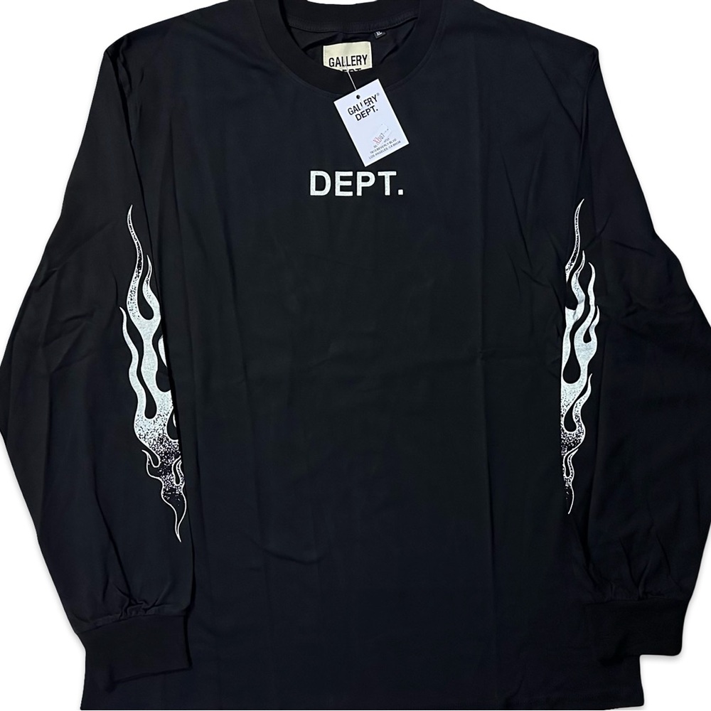 Gallery Black Long Sleeve Tee with White Flame Design